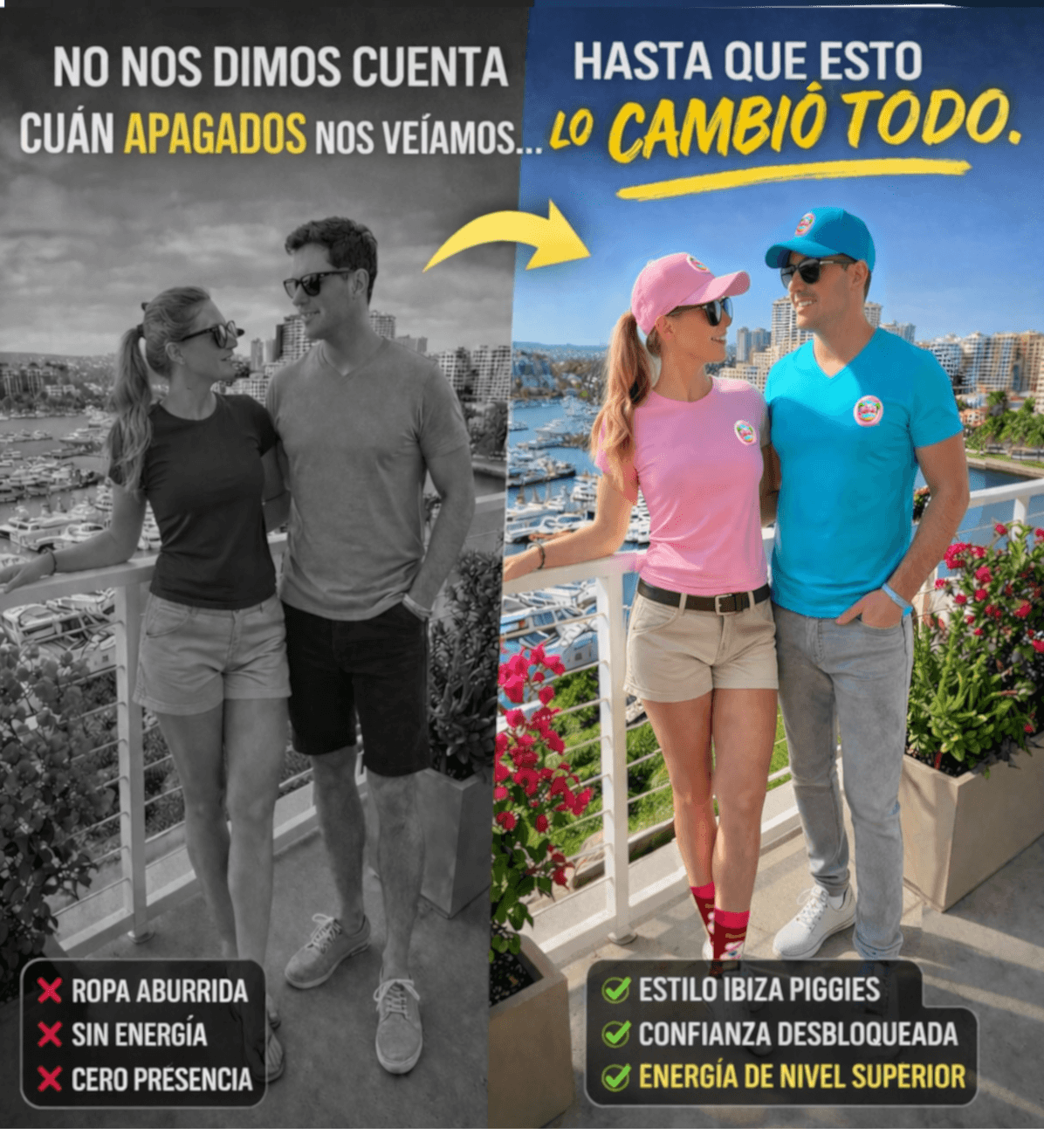 Comparación antes y después mostrando la mejora de estilo con una camiseta premium de Ibiza Piggies