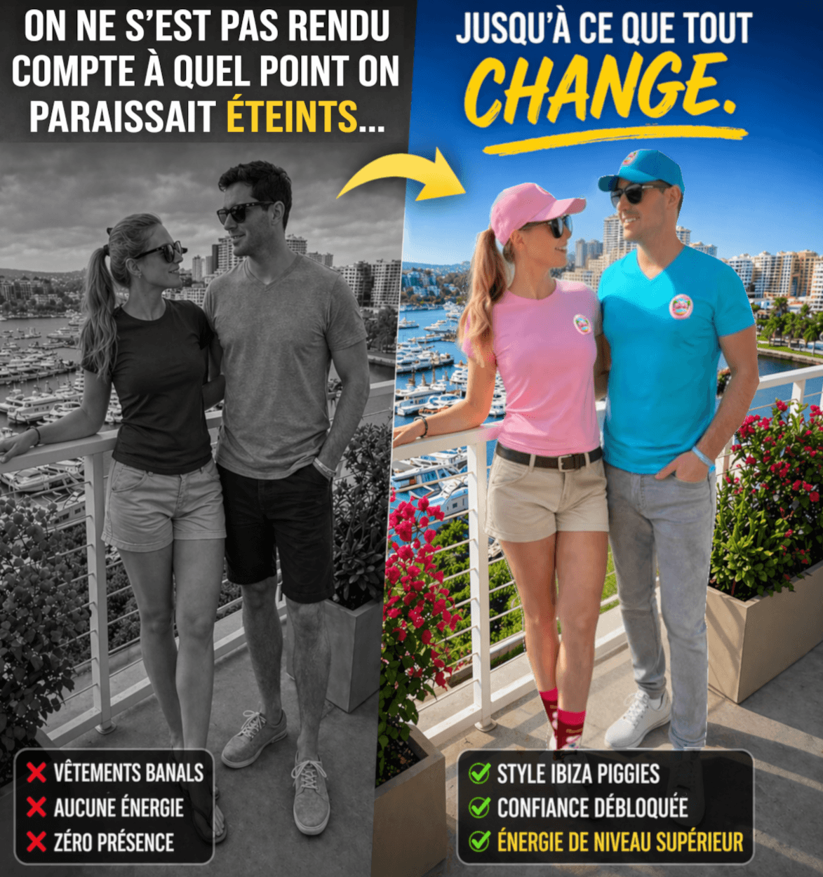 Comparaison avant et après montrant l’upgrade de style avec un t-shirt premium Ibiza Piggies
