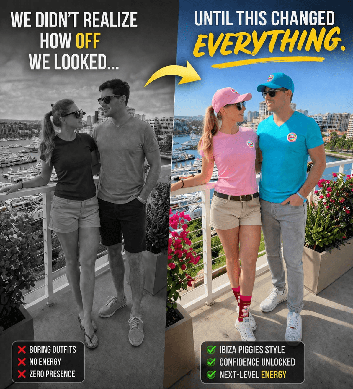 Before and after comparison showing the style upgrade with Ibiza Piggies premium tee